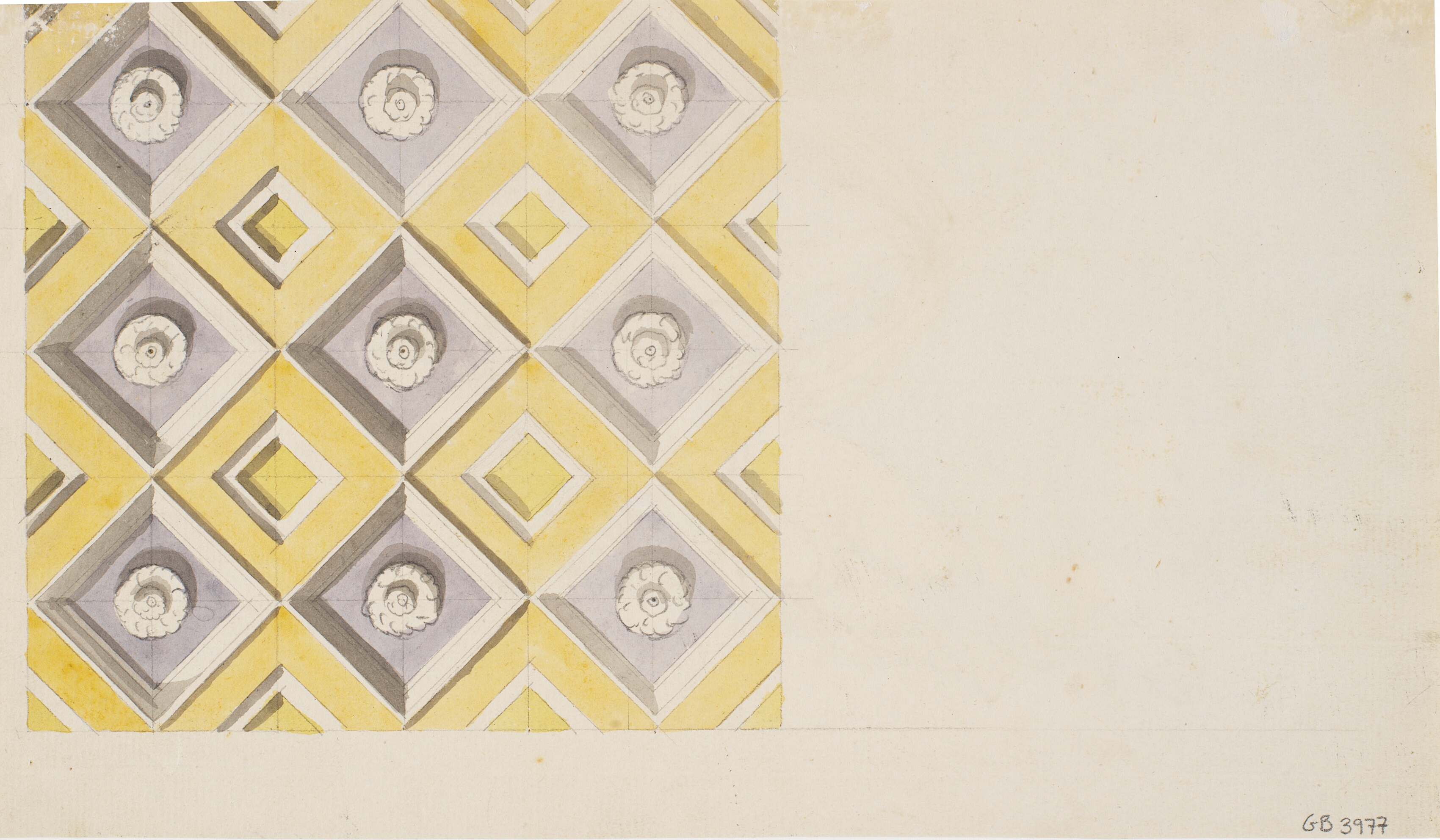 Fragment af loftskassetter i gult og violet